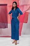 Buy Savaaya Blue Linen Embroidery Collared Crop Shirt With Pant at Aza Fashions Buy_Savaaya_Blue Linen Embroidery Collared Crop Shirt With Pant _at_Aza_Fashions