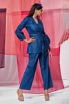 Shop_Savaaya_Blue Denim Embroidery Collared Top Pant Set_at_Aza_Fashions