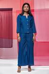 Buy_Savaaya_Blue Linen Blend Embroidered Thread Front Buttoned Top And Pant Set  _at_Aza_Fashions
