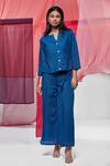 Shop_Savaaya_Blue Linen Blend Embroidered Thread Front Buttoned Top And Pant Set  _at_Aza_Fashions