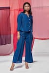 Shop_Savaaya_Blue Linen Blend Embroidered Thread Front Buttoned Top And Pant Set  _Online_at_Aza_Fashions