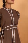 Shop_Savaaya_Brown Linen Blend Embroidered Lace Band Collar White Midi Dress  _Online_at_Aza_Fashions