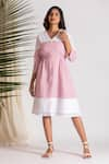 Savaaya_Pink Linen Blend Embroidered Running Color Blocked Midi Dress  _Online_at_Aza_Fashions