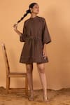 Buy_Savaaya_Brown Linen Blend Band Collar Belted Short Dress  _at_Aza_Fashions