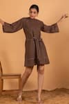 Savaaya_Brown Linen Blend Band Collar Belted Short Dress  _Online_at_Aza_Fashions