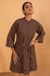 Buy_Savaaya_Brown Linen Blend Band Collar Belted Short Dress  _Online_at_Aza_Fashions