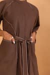 Shop_Savaaya_Brown Linen Blend Band Collar Belted Short Dress  _Online_at_Aza_Fashions