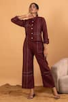 Buy_Savaaya_Maroon Linen Embroidery Mandarin Collar Button Down Top And Pant Set_at_Aza_Fashions