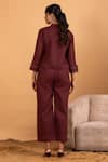 Shop_Savaaya_Maroon Linen Embroidery Mandarin Collar Button Down Top And Pant Set_at_Aza_Fashions