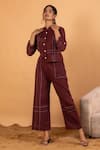 Savaaya_Maroon Linen Embroidery Mandarin Collar Button Down Top And Pant Set_Online_at_Aza_Fashions