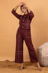 Buy_Savaaya_Maroon Linen Embroidery Mandarin Collar Button Down Top And Pant Set_Online_at_Aza_Fashions