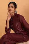 Buy_Savaaya_Maroon Linen Embroidery Mandarin Collar Button Down Top And Pant Set