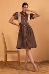 Buy_Savaaya_Brown Linen Blend Embroidered Running Collared Midi Dress  _at_Aza_Fashions