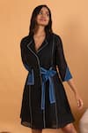 Buy_Savaaya_Black Linen Blend Embroidery Stitchline Thread Colorblock Dress  _Online_at_Aza_Fashions