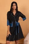 Shop_Savaaya_Black Linen Blend Embroidery Stitchline Thread Colorblock Dress  _Online_at_Aza_Fashions