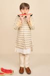 Buy_All Boy Couture_Beige Silk Chevron Pattern Achkan Pyjama Set _at_Aza_Fashions