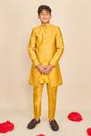 Shop_All Boy Couture_Yellow Silk Zari Stripe Woven Achkan And Kurta Set _at_Aza_Fashions