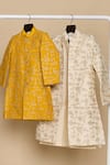 Shop_All Boy Couture_Yellow 100 % Pure Silk Embroidered Zari. Work Achkan With Pyjama  _Online_at_Aza_Fashions