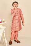 Shop_All Boy Couture_Peach Jaipuri Bloom Print Achkan Set _at_Aza_Fashions