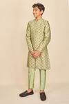 All Boy Couture_Green Chanderi, Cotton Sequins Jaipuri Botanic Print Achkan Set _Online_at_Aza_Fashions