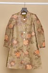 Buy_All Boy Couture_Green Silk Sequins Floral Print Achkan Set _Online_at_Aza_Fashions