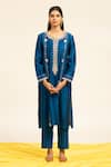 Shetab Kazmi_Blue Chanderi, Linen, Cotton, Viscose Gota Patti And Zardosi Kurta Pant Set _Online_at_Aza_Fashions