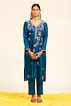 Shetab Kazmi_Blue Pure Chanderi Embroidered Sequin Leaf Aari Thread Kurta Pant Set _Online_at_Aza_Fashions