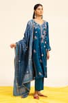 Shetab Kazmi_Blue Pure Chanderi Embroidered Sequin Leaf Aari Thread Kurta Pant Set _at_Aza_Fashions