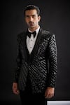 Shop_Sarab Khanijou_Black Sandwash Embellished Metallic Stripe Tuxedo And Pant Set _at_Aza_Fashions