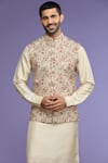 Shop_Kora By Nilesh Mitesh_Cream Silk Embroidery Thread Garden Bundi And Kurta Set_Online_at_Aza_Fashions