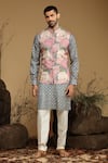 Buy_Kora By Nilesh Mitesh_Grey Silk Printed Flower Bundi And Kurta Set _at_Aza_Fashions