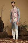 Buy_Kora By Nilesh Mitesh_Grey Silk Printed Flower Bundi And Kurta Set _Online_at_Aza_Fashions