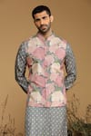 Shop_Kora By Nilesh Mitesh_Grey Silk Printed Flower Bundi And Kurta Set _Online_at_Aza_Fashions