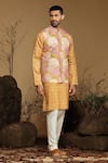 Buy_Kora By Nilesh Mitesh_Yellow Silk Printed Flower Botanical Bundi And Kurta Set _at_Aza_Fashions