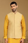 Shop_Kora By Nilesh Mitesh_Yellow Silk Embroidery Thread Bundi And Kurta Set _Online_at_Aza_Fashions