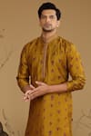 Kora By Nilesh Mitesh_Yellow Silk Embroidered Floral Work Kurta And Churidar Set _Online_at_Aza_Fashions