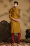 Buy_Kora By Nilesh Mitesh_Yellow Silk Embroidered Floral Work Kurta And Churidar Set _Online_at_Aza_Fashions