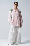 Buy_OFRIDA_Pink Cotton, Linen Embroidery Shawl Neck Blooming Printed Jacket And Pant Set _at_Aza_Fashions