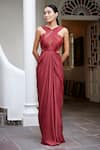 Buy_Parshya_Brown Viscose Shimmer Satin Halter Overlap Gown _at_Aza_Fashions