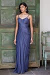 Buy_Parshya_Grey Viscose Shimmer Satin Broad V Draped Gown _at_Aza_Fashions