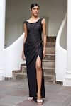 Buy_Parshya_Black Viscose Shimmer Satin Asymmetric Off Shoulder Draped Gown _at_Aza_Fashions