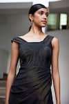 Parshya_Black Viscose Shimmer Satin Asymmetric Off Shoulder Draped Gown _Online_at_Aza_Fashions