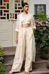 Buy_Parshya_Beige Silk Organza, Viscose Beads Collared Trench Jacket Pant Set _at_Aza_Fashions