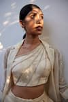 Shop_Parshya_Beige Silk Organza, Viscose Beads Collared Trench Jacket Pant Set _Online_at_Aza_Fashions