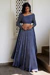 Buy_Parshya_Grey Viscose Shimmer Satin Embroidered Embellished Blouse Flared Skirt Set _at_Aza_Fashions