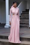 Buy_Parshya_Pink Viscose Shimmer Satin Embroidery Petunia Bloom Panelled Sleeves Draped Gown _at_Aza_Fashions