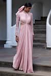 Parshya_Pink Viscose Shimmer Satin Embroidery Petunia Bloom Panelled Sleeves Draped Gown _Online_at_Aza_Fashions