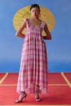 Buy_Uri by Mrunalini Rao_Pink Organic Fabric Checkered Confetti Pattern Tiered Maxi Dress  _at_Aza_Fashions