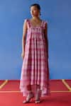 Shop_Uri by Mrunalini Rao_Pink Organic Fabric Checkered Confetti Pattern Tiered Maxi Dress  _Online_at_Aza_Fashions