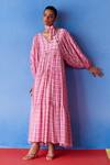 Buy_Uri by Mrunalini Rao_Pink Organic Fabric Gingham Checkered V Cassia Tiered Maxi Dress  _at_Aza_Fashions